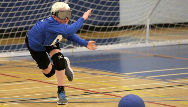 Caelin Lloyd, 11, unleashes a shot during the 2017 goalball tournament in Ottawa.