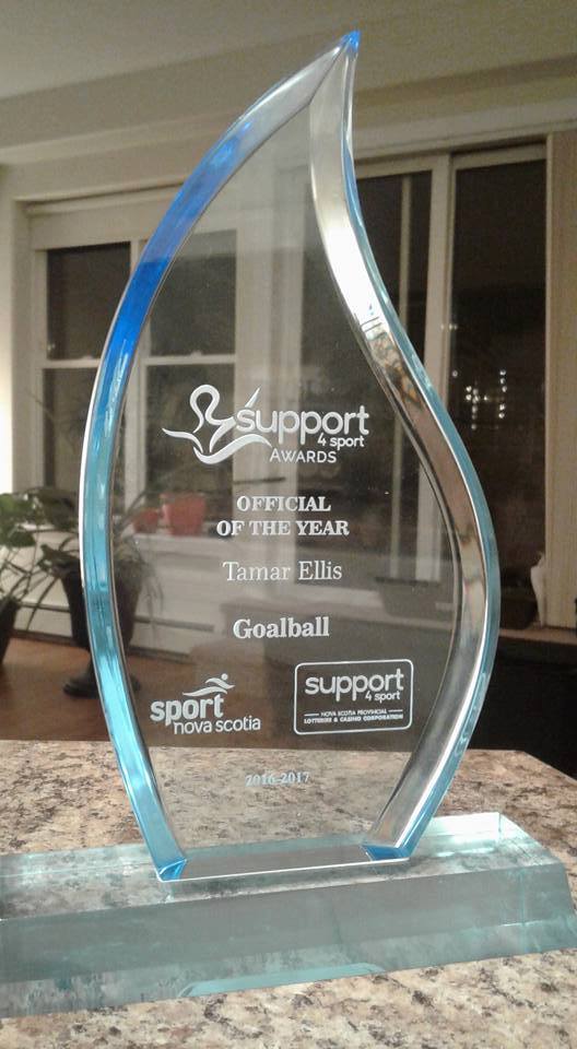 Sport Nova Scotia Support4Sport Official of the year trophy, awarded to Tamar Ellis for goalball 2016-17