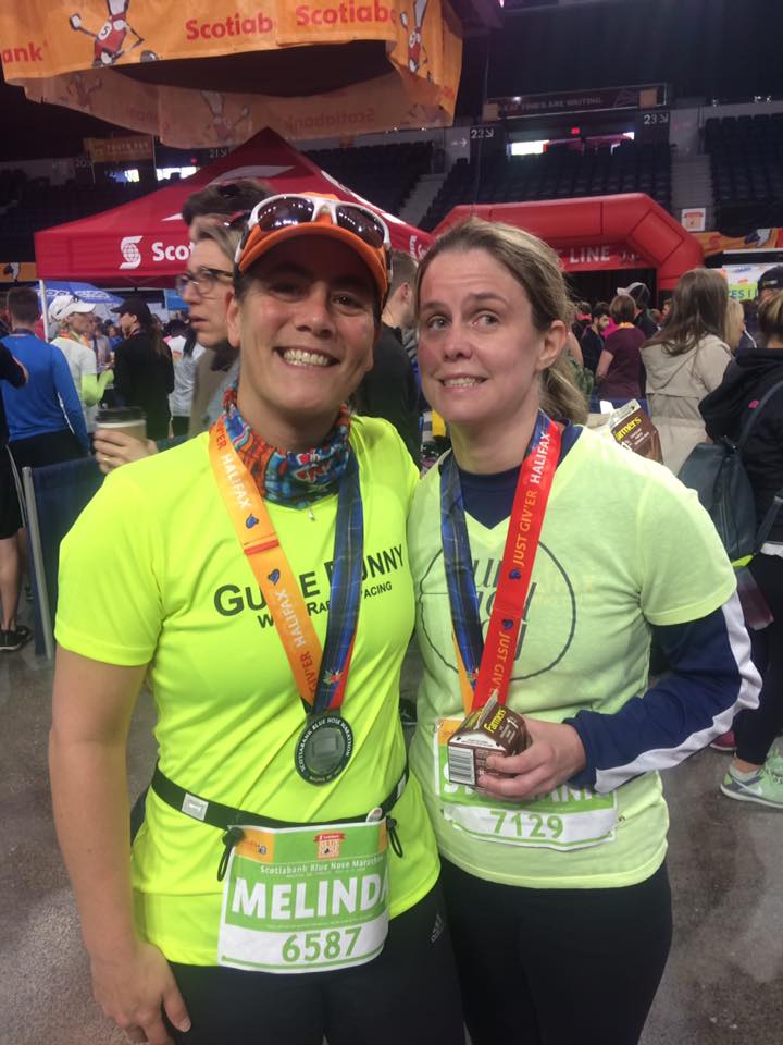 Guide Bunny Melinda and runner, Stephanie after completing the Blue Nose 10K 2017
