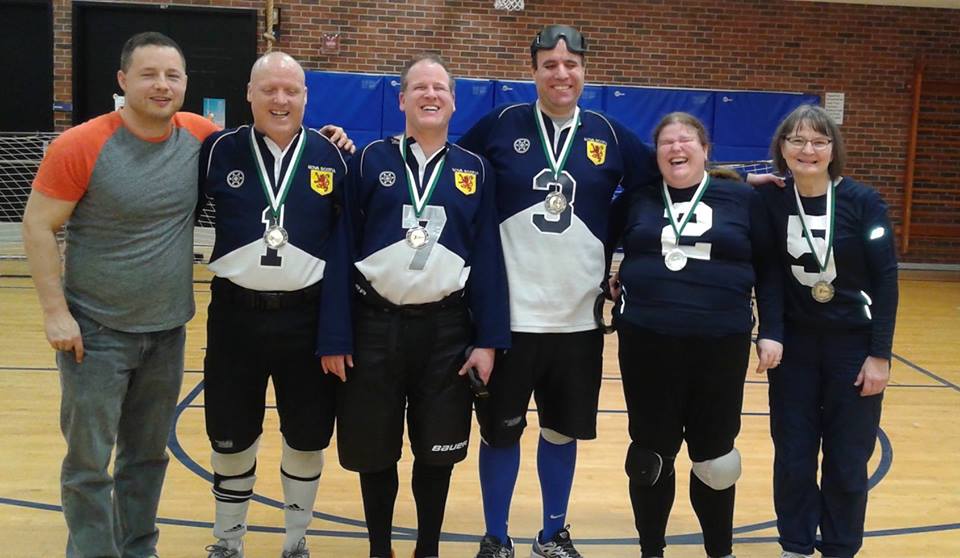 NS Ship Recs win gold a 2nd year in a row at ON Provincial/Eastern Goalball Tournament. From left to right: Peter Parsons (coach), Yvon Clement, Adam Noble, John Courtney, Jennifer MacNeil-Noble, Linda MacRae Triff (coach).