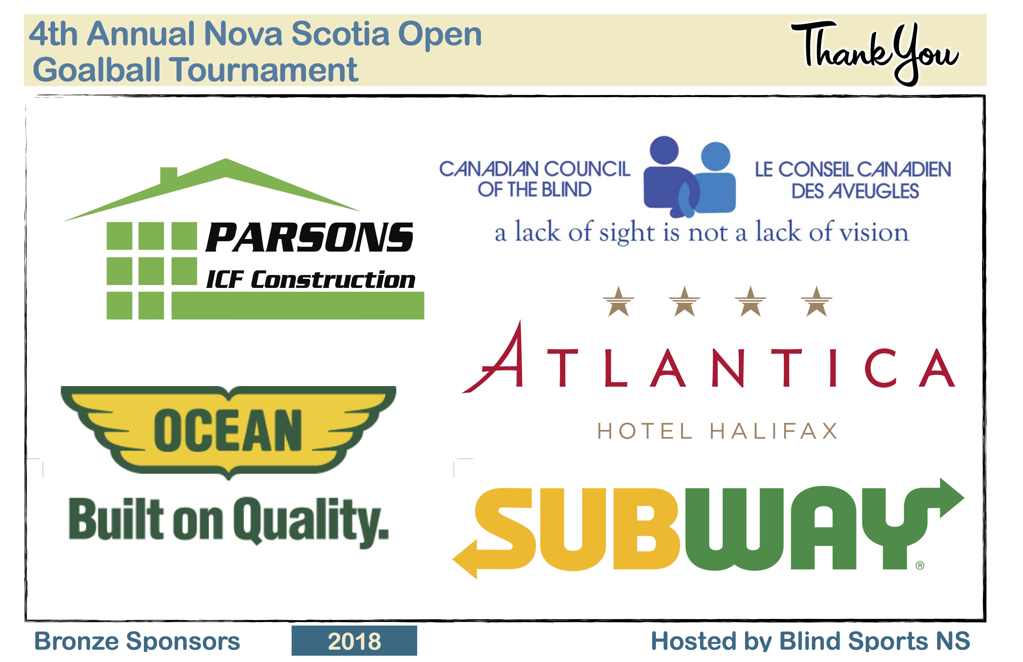 Bronze Sponsors: Parsons ICF Construction, Ocean - Built on Quality, Atlantica Hotel Halifax, Canadian Council of the Blind, and Subway.