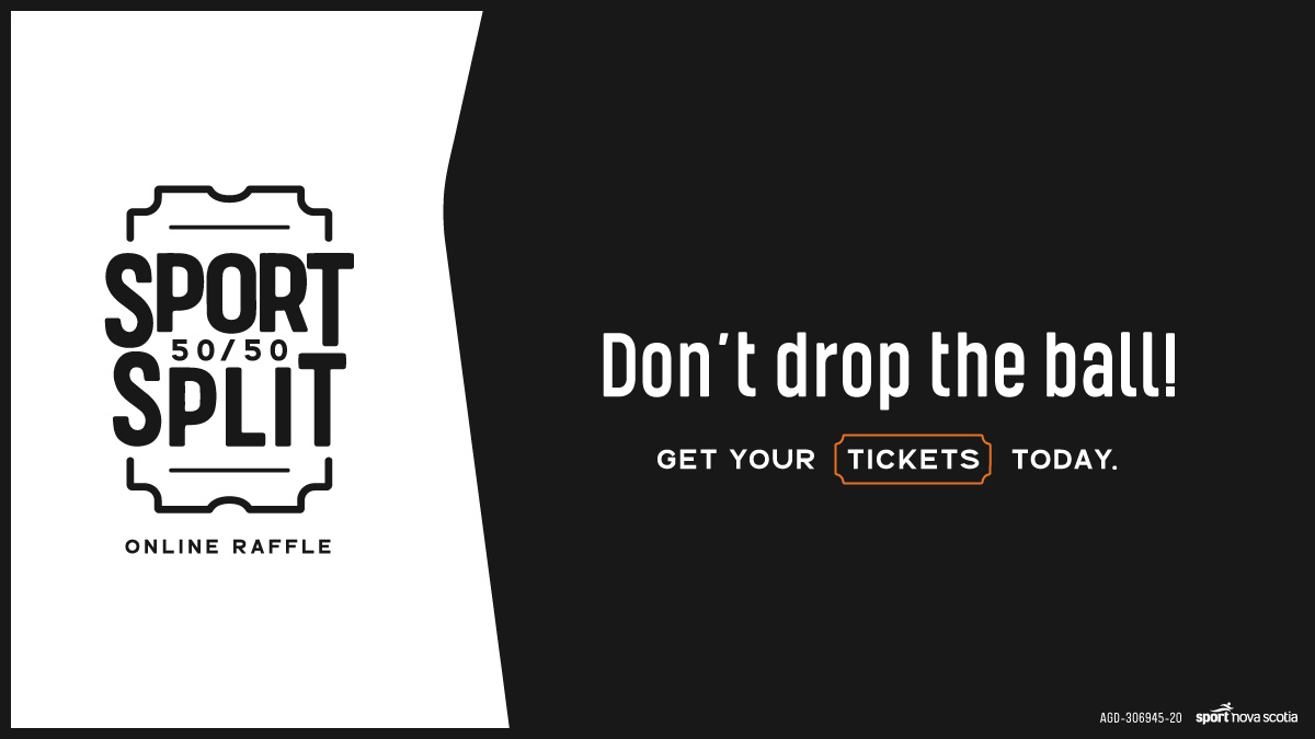 Image may contain: text that says 'SPLIT SPORT 50/50 ONLINE RAFFLE Don't drop the ball! GET YOUR TICKETS TODAY. AGD 306945 20 sportnovascoti rtn'