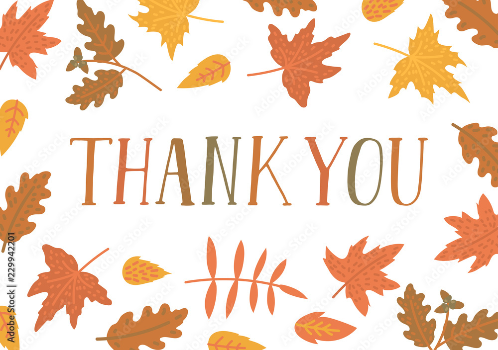 Text reads "Thank you" in orange and autumn colours, bordered by autumn leaves on a white background