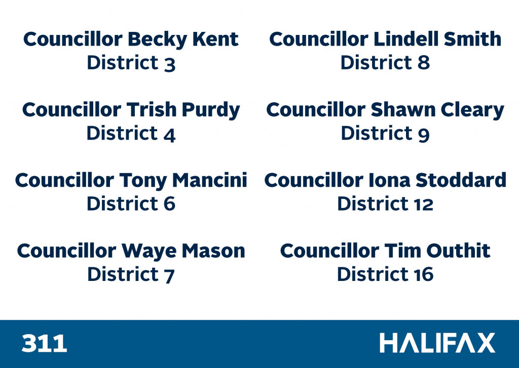 Councillor Becky Kent District 3; Councillor Lindell Smith District 8; Councillor Trish Purdy District 4; Councillor Shawn Cleary District 9; Councillor Tom Mancini District 6; Councillor Iona Stoddard District 12; Councillor Waye Mason District 7; Councillor Tim Outhit District 16