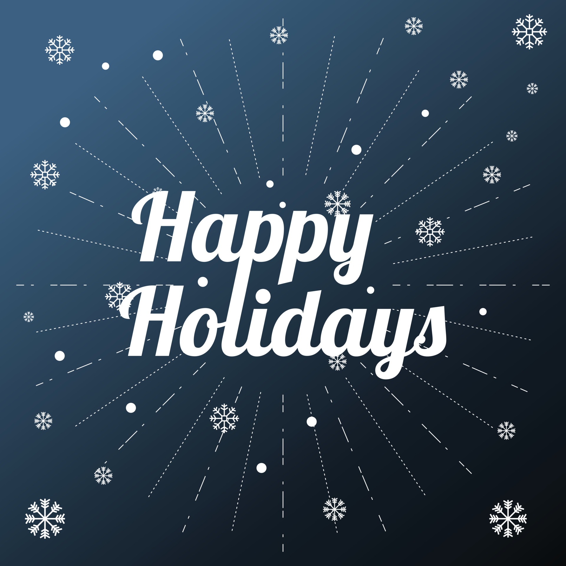 Happy Holidays in white text on a dark blue background with snowflakes