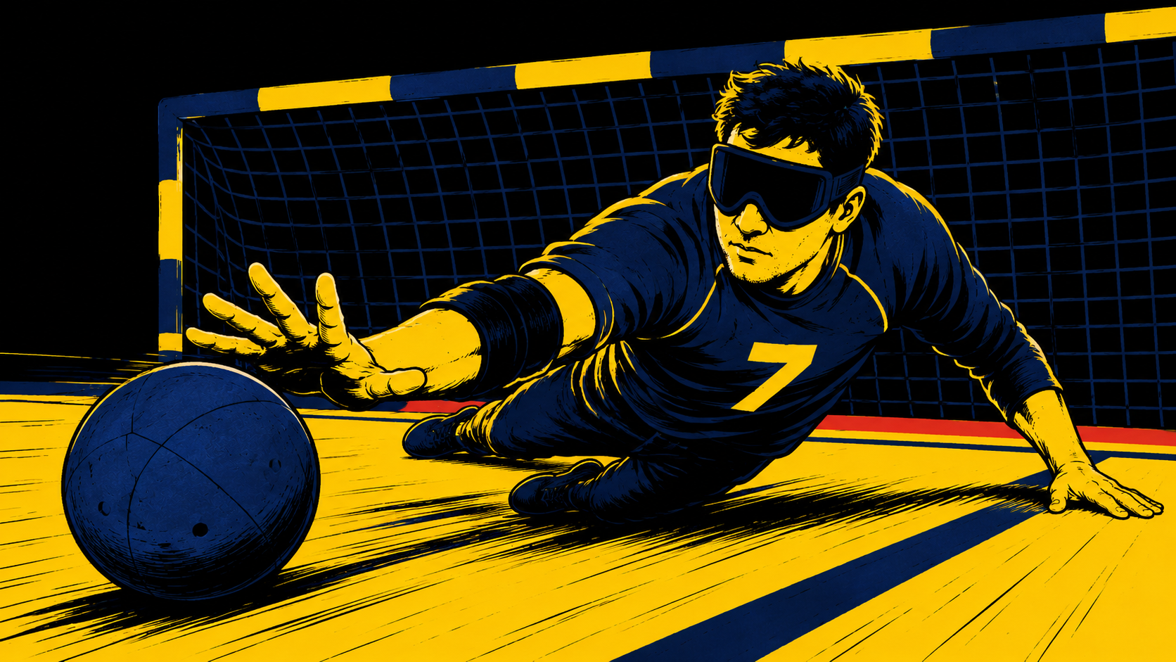 High-contrast illustration of a goalball player wearing blackout goggles and a jersey with the number 7, diving across a court toward a large goalball, with a black background and bold yellow and navy blue tones.